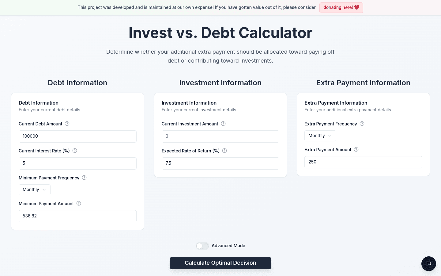 Invest vs Debt website screenshot